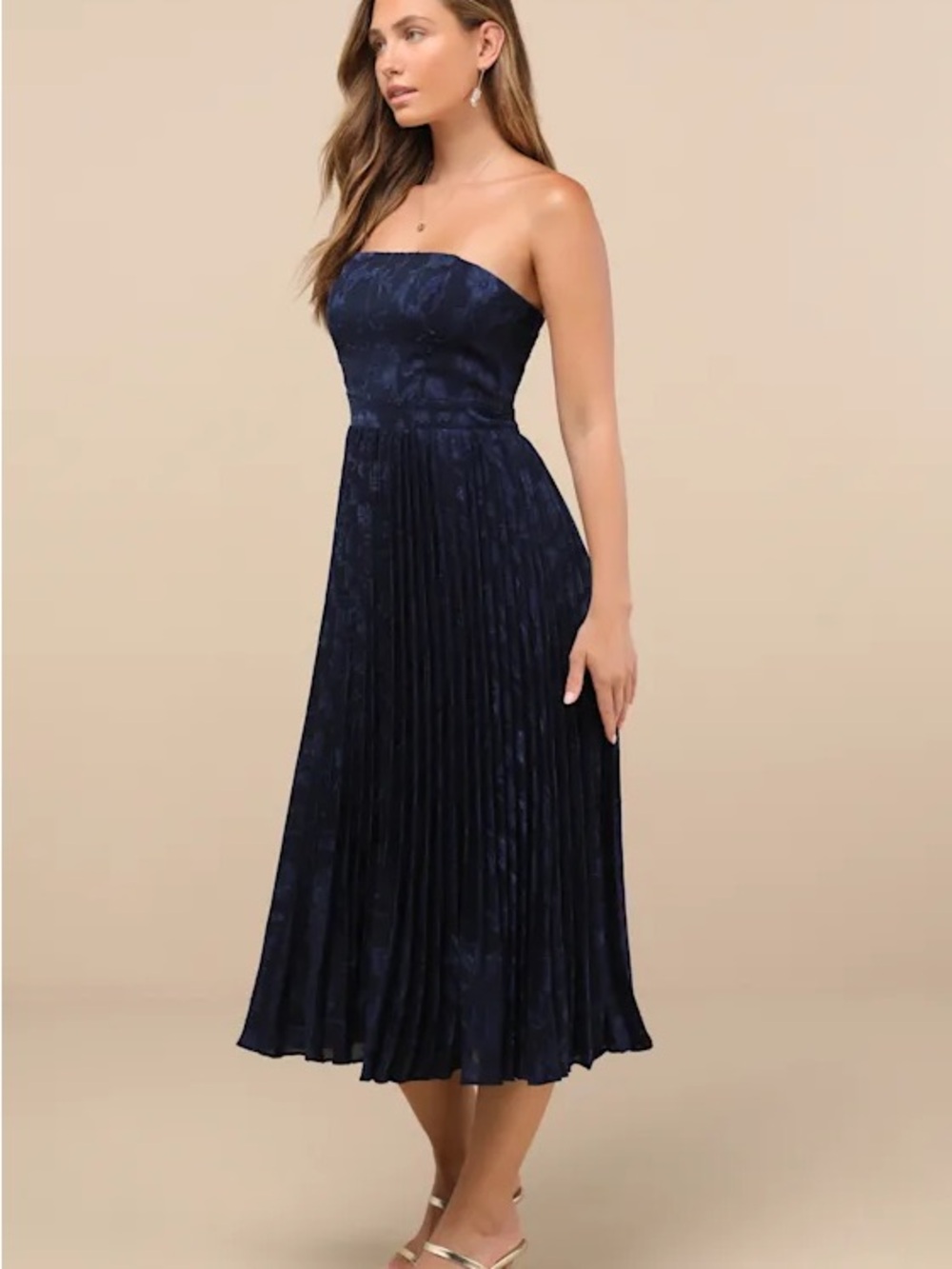Lulus Navy Jacquard Strapless Midi Dress